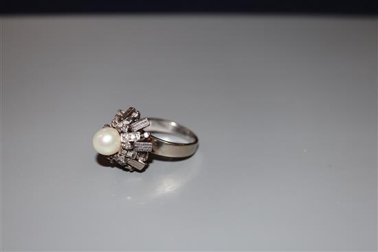 A modern 14k white metal, cultured pearl and diamond cluster dress ring, size L, gross weight 6.9 grams.